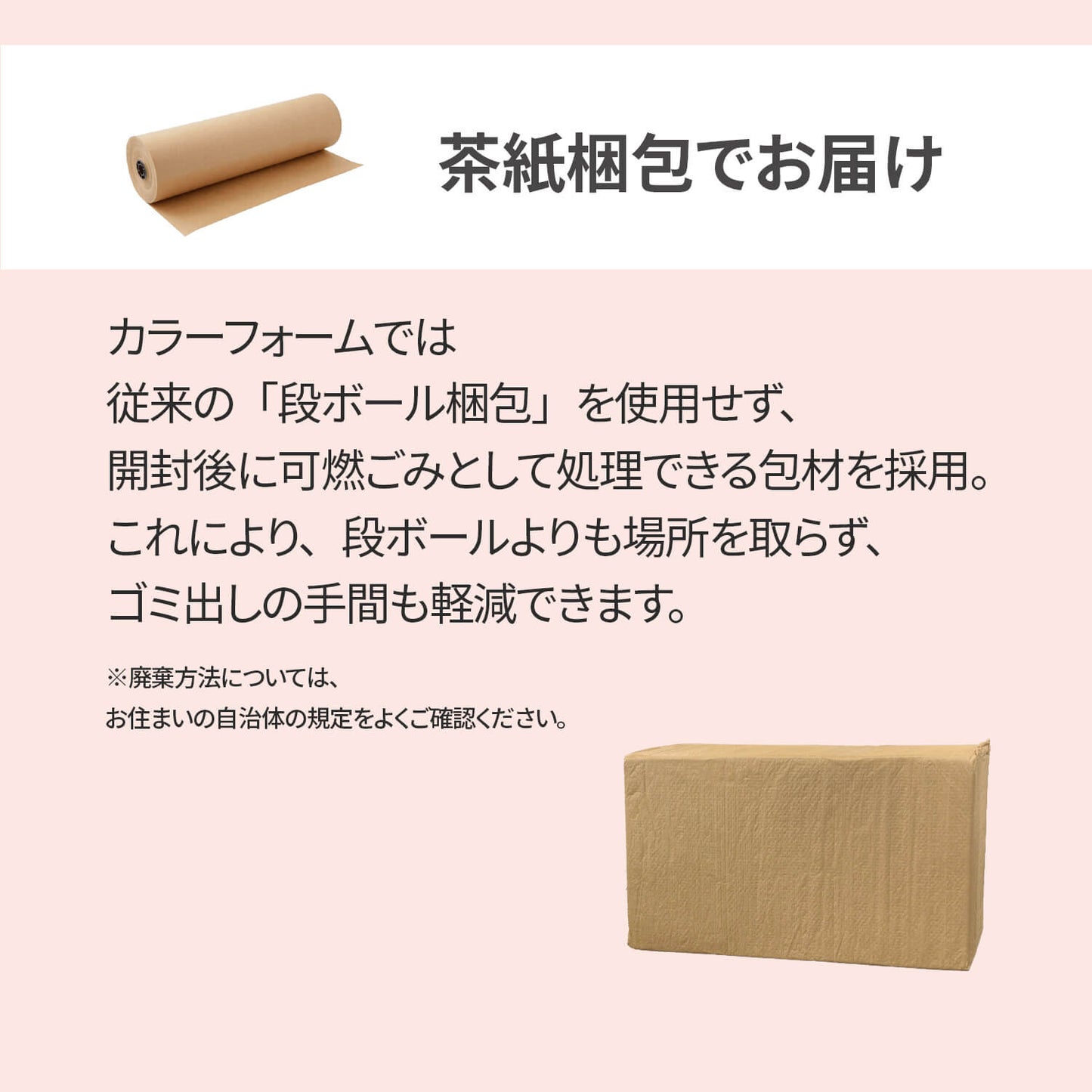 カラーフォームのファセットのライト三つ折りマットレスの梱包方法についてまとめた画像